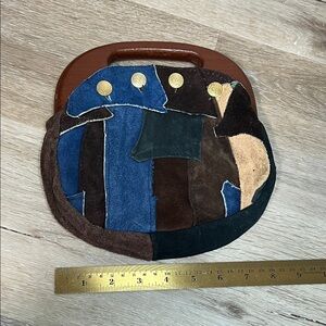 Vintage Leather Patchwork Purse with Wooden Handle Made in Hong Kong